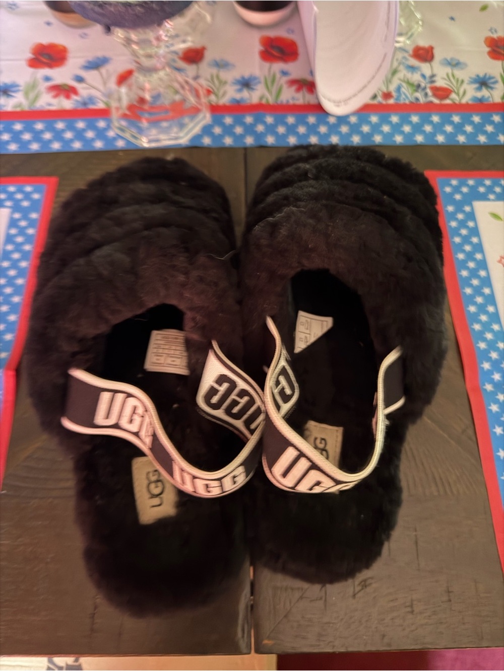 UGG women Black Fuzz Slingback Slippers